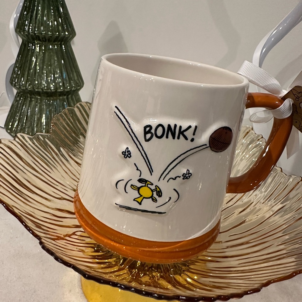 Rae Dunn 'Double sided Peanuts Bonk!' Mug with Orange Handle